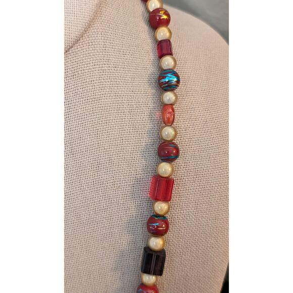 Vintage Metallic Drawbench, Square Lampwork, Art Glass 925 Clasp Bead Necklace - Picture 4 of 12